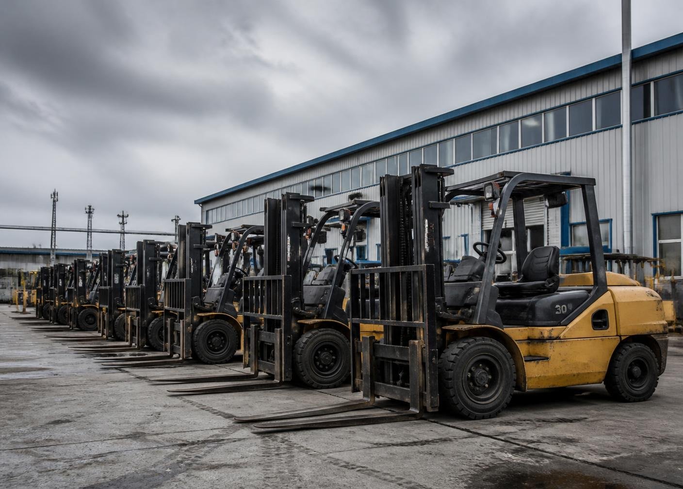Row of diesel forklifts parked outside an industrial plant