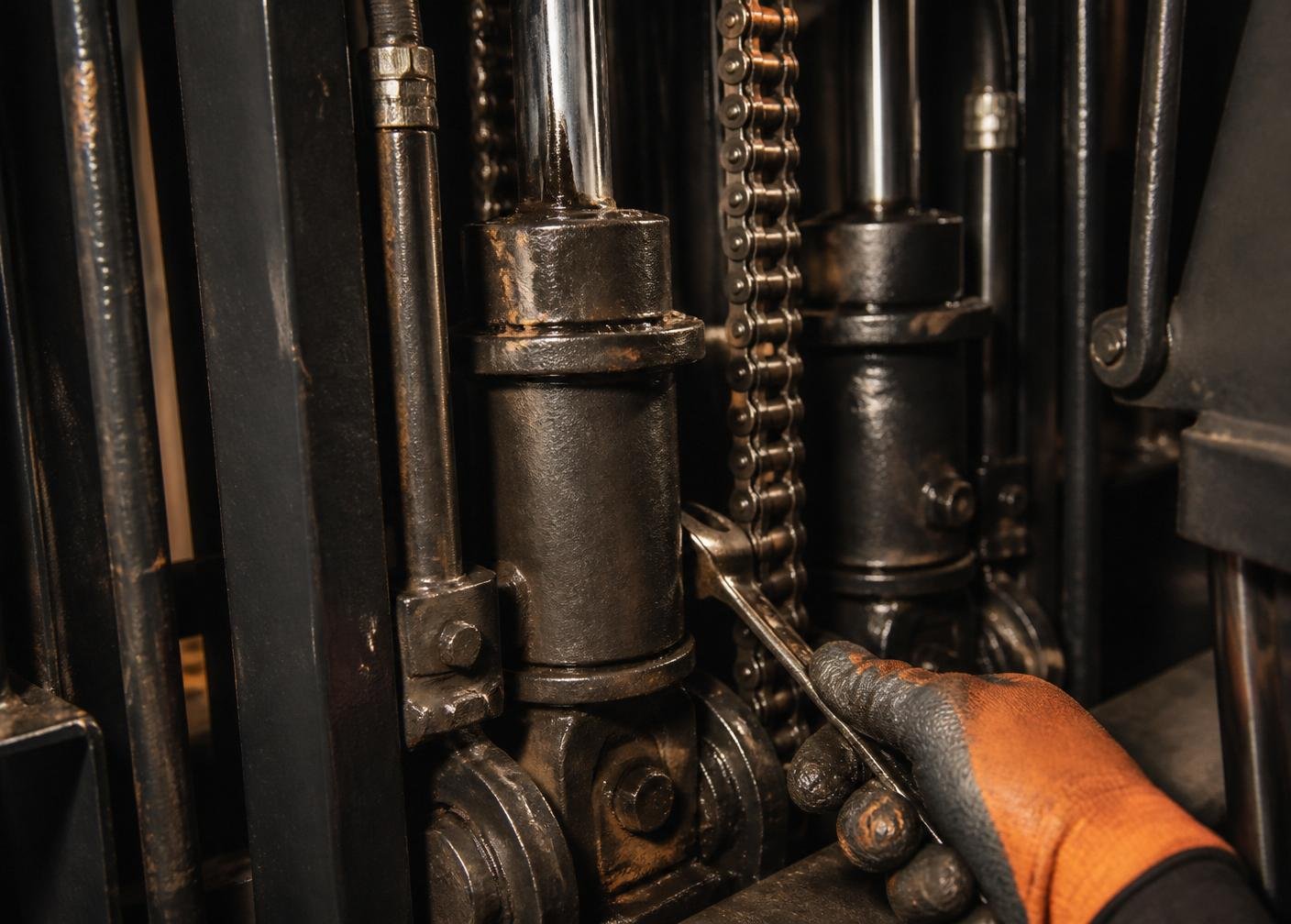 Forklift mast hydraulics under preventive inspection