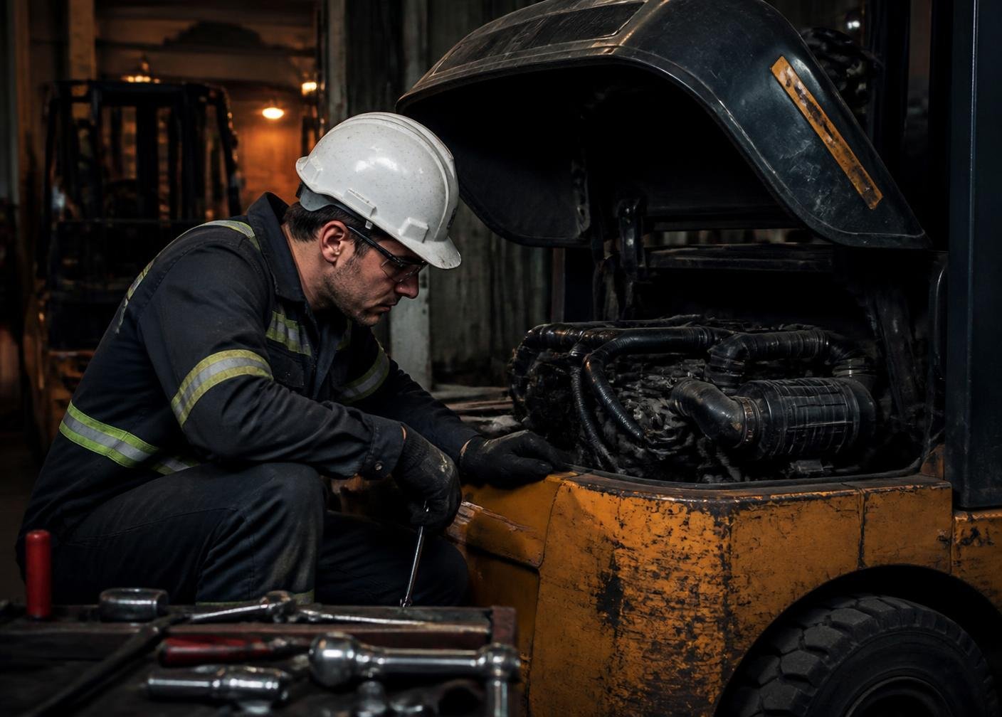 Technician inspecting a diesel forklift engine in a maintenance workshop